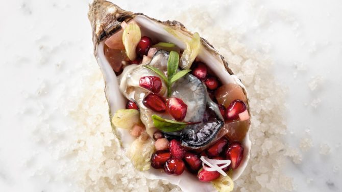 Recipe: Poached oysters with pomegranate sauce vierge by FERRANDI Paris